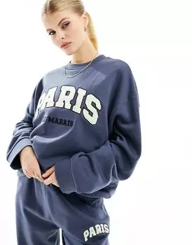 Светло-темно-синий свободный свитшот с кремовым рисунком Парижа ASOS DESIGN