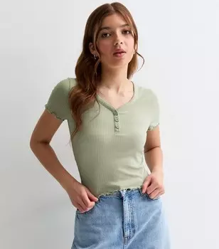 Светло-зеленая футболка с пуговицами в рубчик для девочек спереди New Look, светло-зеленый