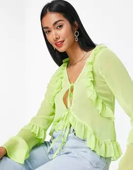 Светло-зеленая прозрачная блузка с оборками и завязками спереди ASOS DESIGN