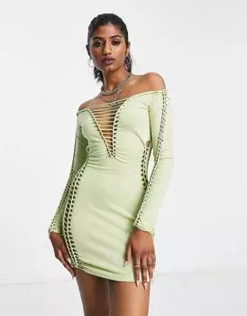 Светло-зеленое облегающее платье мини с длинными рукавами и шнуровкой макраме ASOS DESIGN