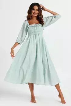 Светло-зеленое платье миди с квадратным вырезом и оборками FS Collection, зеленый