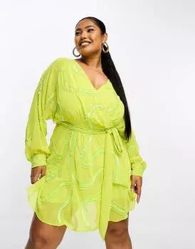 Светло-зеленое платье мини с завязками и завитками ASOS DESIGN Curve Curve