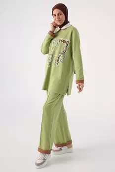 Светло-зеленый хлопковый пижамный комплект с принтом ALL DAY