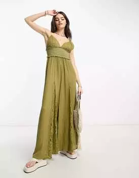 Светло-зеленый комбинезон с кружевными вставками и присборками River Island