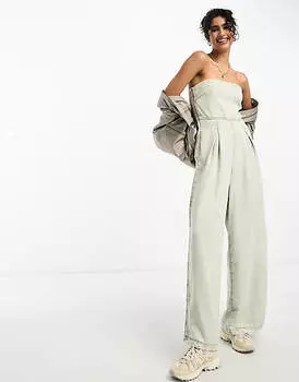 Светло-зеленый льняной комбинезон с открытыми плечами River Island