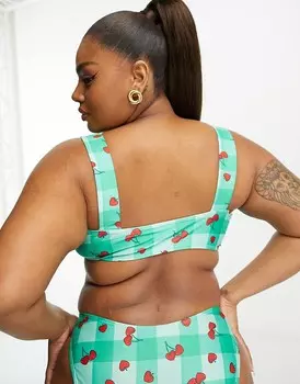 Светло-зеленый лиф бикини Brave Soul Plus – в клетку с вишневым мотивом и квадратным вырезом