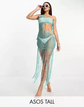 Светлое пляжное платье миди на одно плечо с бахромой ASOS DESIGN Tall