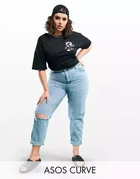 Светлые рваные джинсы Mom с высокой талией ASOS DESIGN Curve Original