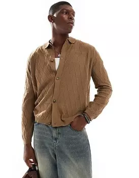 Светлый вязаный кардиган коричневого цвета с ромбовидным узором ASOS DESIGN