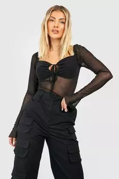 Светлый вырез сеточный топ с завязкой передней части Boohoo, черный