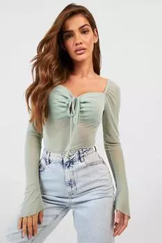 Светлый вырез сеточный топ с завязкой передней части Boohoo, шалфей