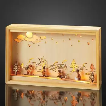 Светодиодная картина, деревянное украшение, Рождественский лыжный мотив, зимняя сцена, теплый белый, 10 светодиодов-трансформер Hellum