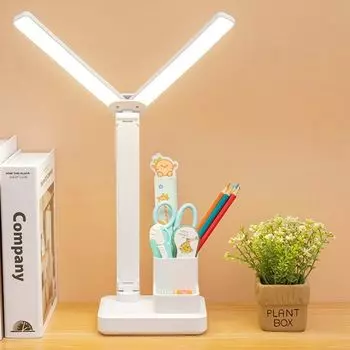 Светодиодная настольная лампа, настольная лампа с регулируемой яркостью и держателем для ручек, настольная лампа с двумя поворотными кронштейнами jesunfuzhu