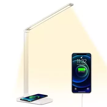 Светодиодная настольная лампа, настольная лампа с регулируемой яркостью, 5 цветов света, лампа для чтения, защита глаз, USB-порт для зарядки и беспроводная зарядка ROSNEK