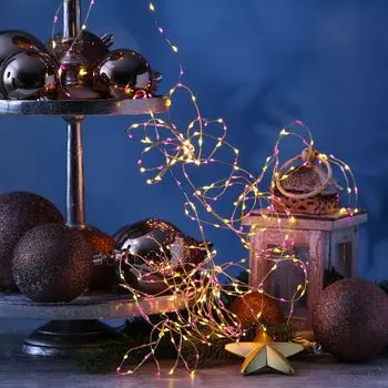 Светодиодная проволочная световая цепь Compact - 378 розовых/янтарных светодиодов - L: 6 м - 8 функций. - Трансформатор - золото MARELIDA