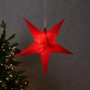 Светодиодная звезда - подвесная - 5-конечная - 12 светодиодов теплого белого цвета - D: 45см - таймер - аккумулятор - для наружного использования - красный MARELIDA