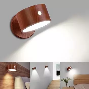Светодиодный настенный светильник для внутреннего освещения, настенный светильник на деревянном аккумуляторе с USB-портом для зарядки, сенсорным управлением с регулируемой яркостью, 3 уровня яркости, поворот на 360° [класс энергопотребления E] y...