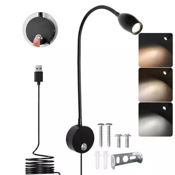 Светодиодный настенный светильник, гибкий кронштейн лампы с регулируемой яркостью, лампа для чтения, функция памяти 3 цветов света, сенсорный переключатель настенного светильника USB, ночник 3 Вт, черный lapamax