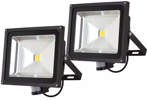 Светодиодный прожектор Greenmigo 2x 50 Вт с детектором движения, прожектор для наружного освещения, светодиодный прожектор 3000K, теплый белый/теплый белый, наружный прожектор, водонепроницаемый, IP65, для сада, гаража, спортивной площадки, черный