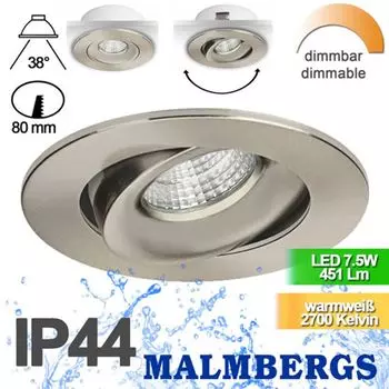 Светодиодный прожектор в широкой рамке 80 мм, 7,5 Вт, диммируемый, сатиновый IP44 Malmbergs