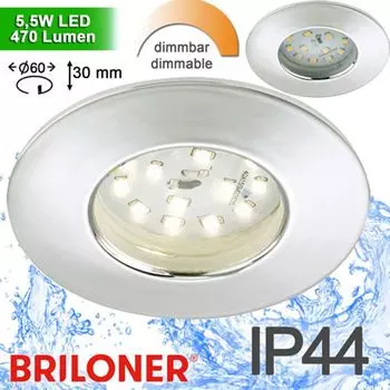 Светодиодный встраиваемый точечный светильник, хром, 5,5 Вт, диммируемый, IP44 Briloner, белый