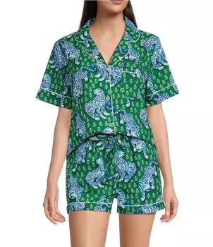 Свежий тканый пижамный комплект с короткими рукавами и воротником-стойкой с принтом Tiger Queen Printfresh, зеленый