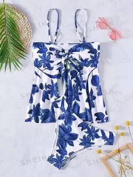 Swim Бикини с цветочным принтом, завязка спереди, летний купальник Shein, синий/белый