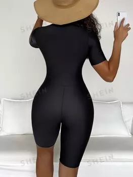 Swim Цельная передняя молния в стиле колор-блок Shein, черный