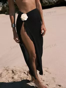 Swim Chicsea Женская однотонная юбка-туника с объемным цветочным декором и разрезом до бедра Shein, черный