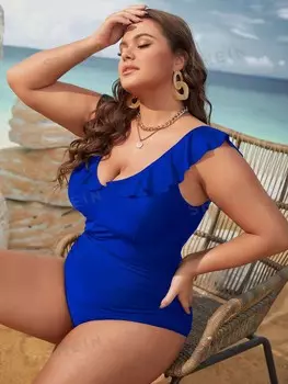 Swim Curve Цельный купальник, бахрома, большие размеры Shein, темно-синий