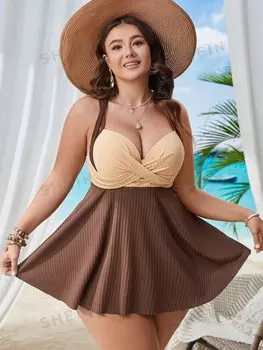 Swim Curve Плюс размер Купальник контрастного цвета Карнавальный комплект Shein, кофейно-коричневый