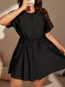 Swim Curve Плюс Размер Летний пляжный комплект танкини с завязками на талии Shein, черный