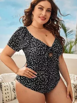 Swim Curve Плюс Размер Сплошной купальник с короткими рукавами и небольшим цветочным узором, Пляжный купальник Shein, черный