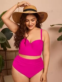 Swim Curve Plus Size Твердый комплект бикини с высокой талией, летний пляж Shein, фуксия