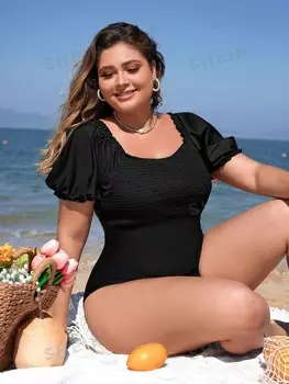 Swim Curve Женский Цельный купальник больших размеров, круглый вырез, пышные рукава Shein, черный
