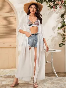 Swim, Длинное кимоно, прозрачная ткань, кружевная завязка на талии Shein, белый