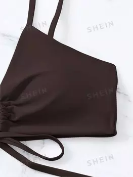 Swim Купальник-бикини, состоящий из двух частей, бюстгальтер и шорты Для женщин однотонный, завязан спереди бантиком Shein, кофейно-коричневый
