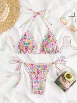 Swim Mod Летний пляжный купальник с цветочным принтом и лямкой на бретельках с присборенной завязкой сбоку Shein, мультиколор