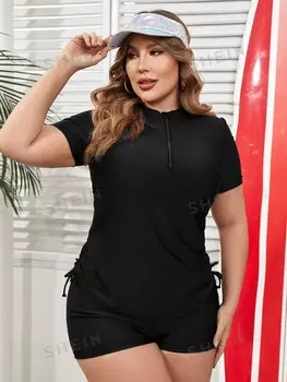 Swim SPRTY Летний пляж плюс размер Танкини с высоким воротником и застежкой-молнией Shein, черный