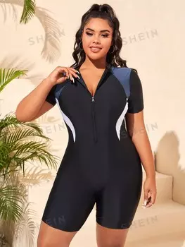 Swim SPRTY Plus Цельный купальник, колор-блок, молния спереди Shein, черный