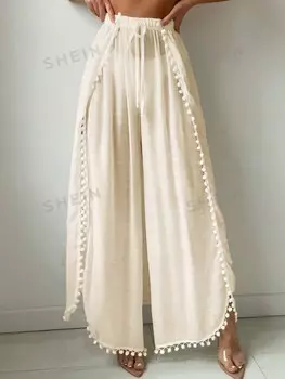 Swim Женские модные летние пляжные шорты с украшением из помпонов Shein, абрикосовый