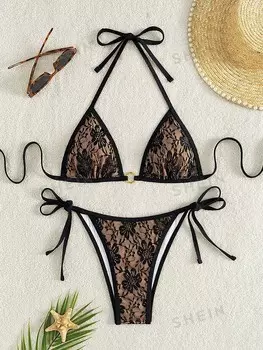 Swim Женский купальник, комплект с бюстгальтером и низом бикини Shein, черный