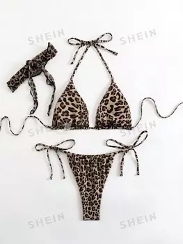 Swim Женский летний пляжный комплект бикини с леопардовым принтом и завязками на шее, сексуальный праздничный стиль (3 предмета, включая шаль с принтом) Shein, мультиколор