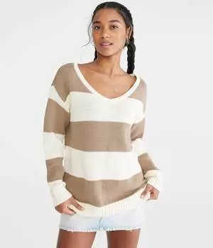Свитер Aeropostale Rugby Stripe с V-образным вырезом, светло-коричневый