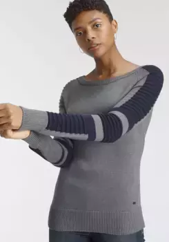 Свитер "Аризона" с круглым вырезом "в байкерском стиле", рукава тонкой и крупной вязки в рубчик Arizona, синий