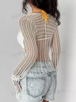 Свитер ажурный женский Shein WYWH с высоким воротником, оранжевый