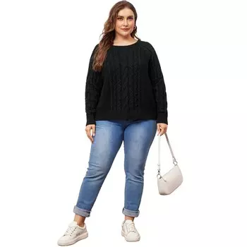 Свитер больших размеров для женщин, длинный рукав с круглым вырезом, рыбацкий пуловер, свитера Agnes Orinda, черный