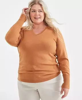 Свитер больших размеров с манжетами на пуговицах JM Collection, коричневый