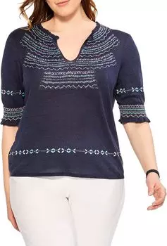 Свитер больших размеров с вышивкой интарсия NIC+ZOE, цвет Indigo Multi