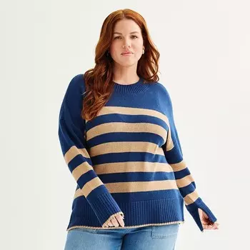 Свитер больших размеров Sonoma Goods For Life с круглым вырезом и боковыми разрезами, цвет Navy Beige Stripe